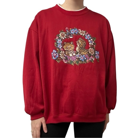 Vintage Tops - Vintage Sweater Sweatshirt Cat Kitty Animal Kawaii Dainty Grandma Size XL